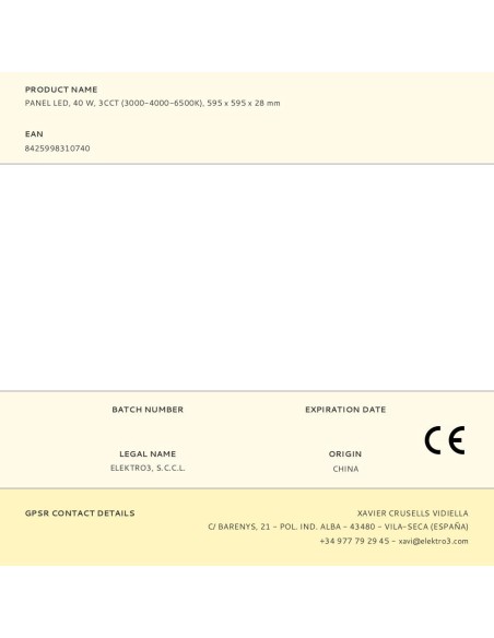 Panel led, 40 w, 3cct (3000-4000-6500 k), 4800 lm, 595 x 595 x 28 mm