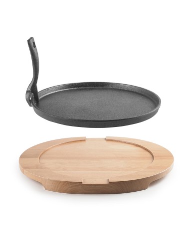 Plato hierro fundido ø26 cm + base madera de haya 34 x 30 x 2,5 cm