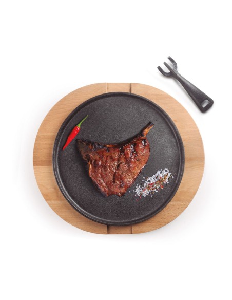 Plato hierro fundido ø26 cm + base madera de haya 34 x 30 x 2,5 cm