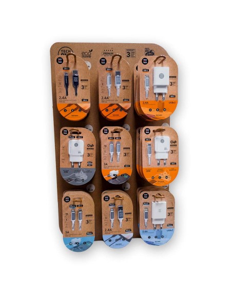 Expositor eko cargadores, contiene 27 productos, 40 x 15 x 60 cm