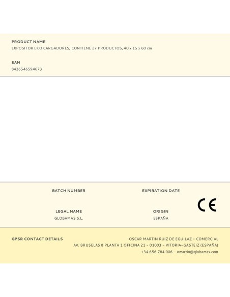 Expositor eko cargadores, contiene 27 productos, 40 x 15 x 60 cm