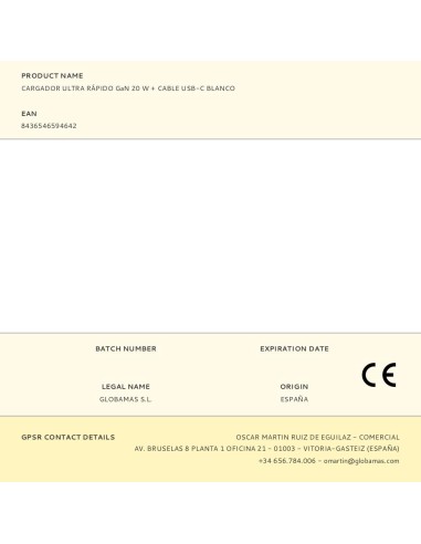 Cargador rápido gan 20 w + cable usb-c blanco