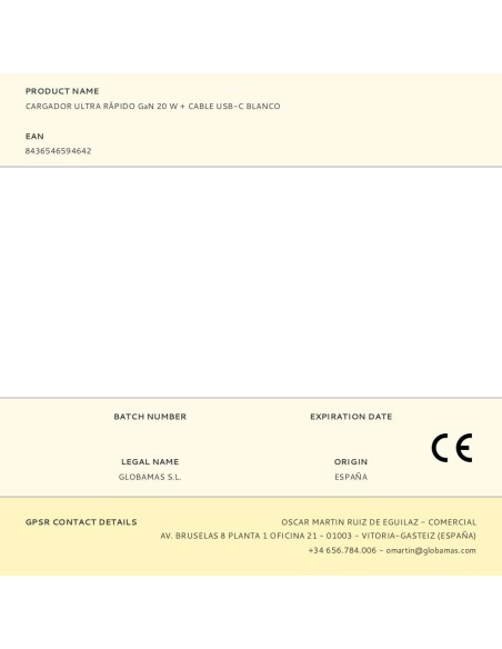 Cargador rápido gan 20 w + cable usb-c blanco