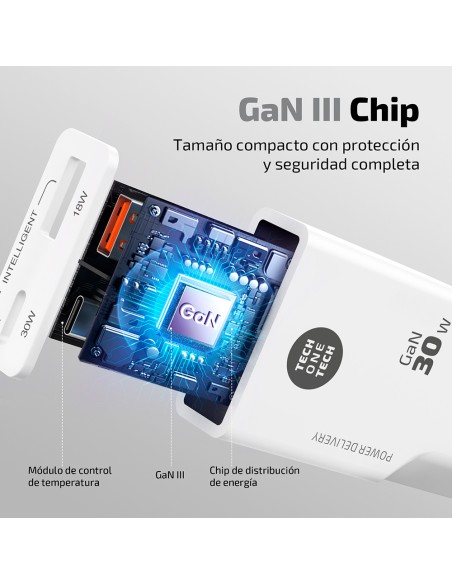 Cargador rápido gan 30 w, blanco, conectores: usb-c + usb-a