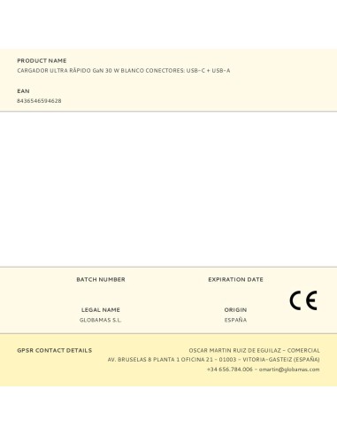 Cargador rápido gan 30 w, blanco, conectores:...