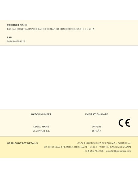 Cargador rápido gan 30 w, blanco, conectores: usb-c + usb-a