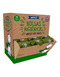 Expositor de 60 rollos de 15 bolsas higiénicas degradables con aroma lavanda
