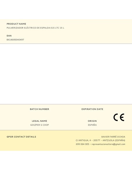 Pulverizador eléctrico mochila e15 ltc 15 l