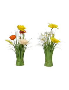 Ramo de hierba con narcisos y amapolas, poliéster, 13 x 13 x 30 cm, colores surtidos