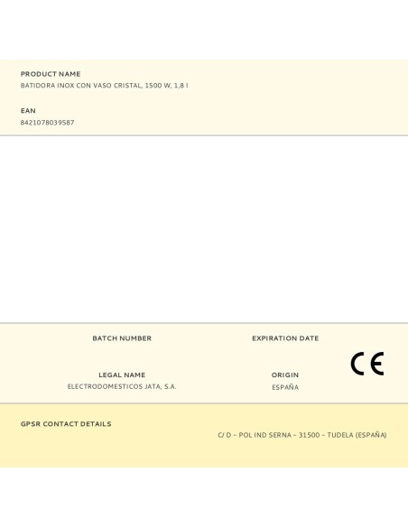 Batidora inox con vaso cristal, 1500 w, 1,8 l