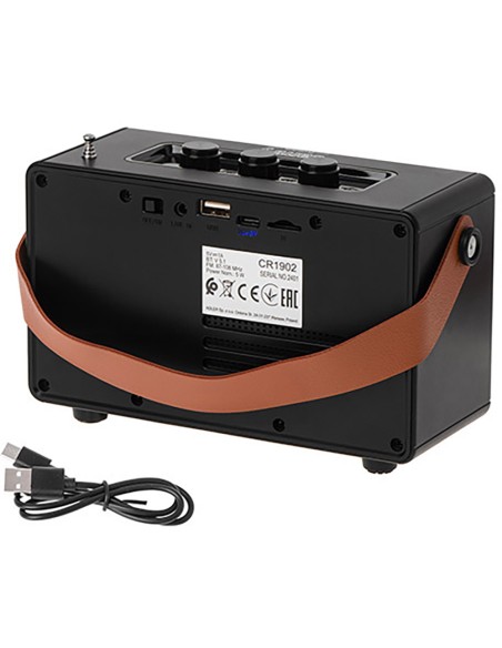 Radio fm recargable con bluetooth cr 1902 negra, 16 x 7 x 10,5 cm