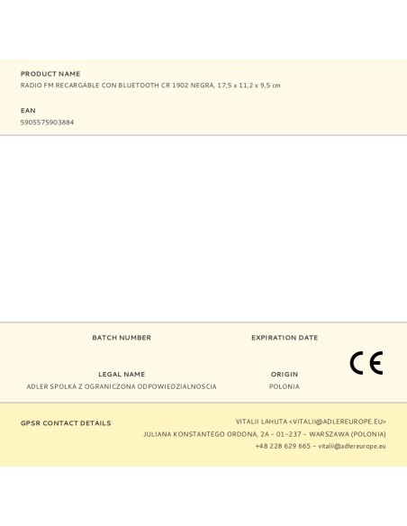 Radio fm recargable con bluetooth cr 1902 negra, 16 x 7 x 10,5 cm