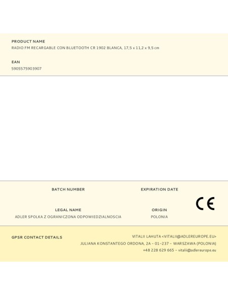 Radio fm recargable con bluetooth cr 1902 blanca, 16 x 7 x 10,5 cm