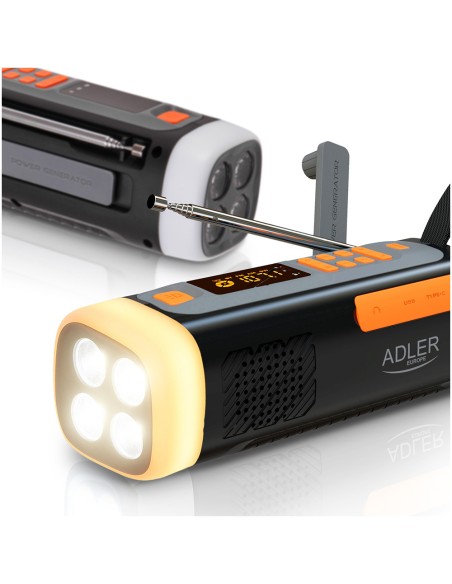 Radio emergencia solar + manivela, linterna led 4 w, powerbank 4500 mah ad 1920