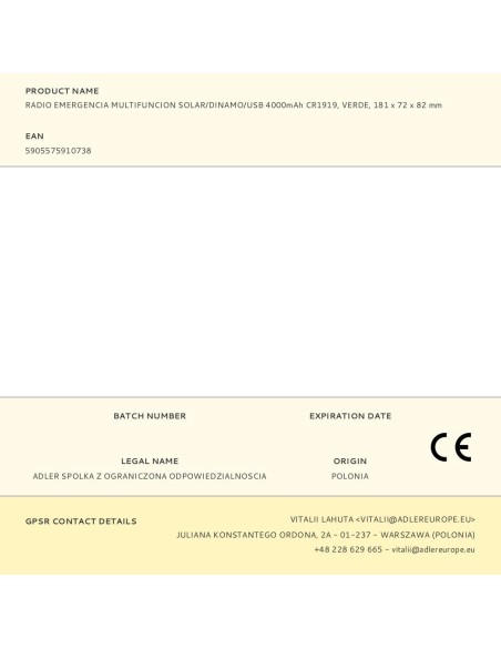 Radio emergencia multifunción solar/dinamo/usb 4000 mah cr1919, verde, 181 x 72 x 82 mm