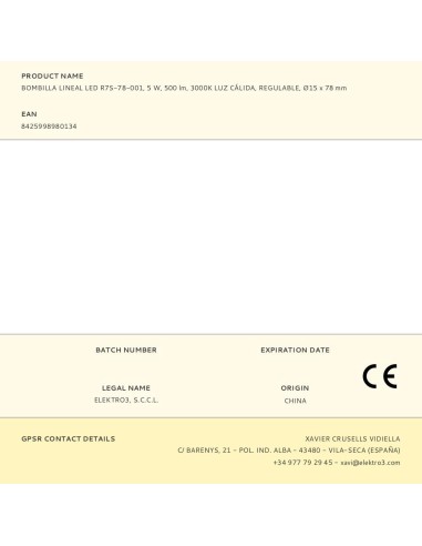 Bombilla lineal led 78 mm, r7s, 5 w, 500 lm,...