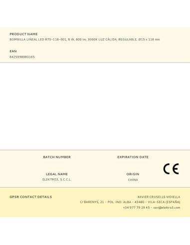 Bombilla lineal led 118 mm, r7s, 8 w, 900 lm,...