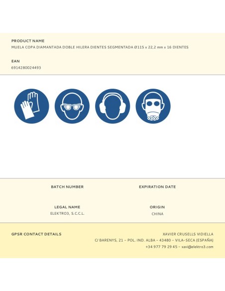 Muela copa diamantada, doble hilera dientes segmentados, ø115 x 22,2 mm x 16 dientes