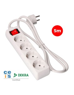 Prolongador con 4 tomas 2p+t, 16 a 250 v de cable h05vv-f 3g + interruptor luminoso 5 m.