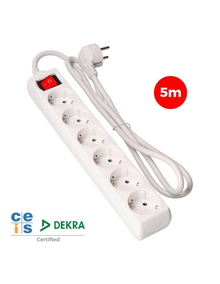 Prolongador con 6 tomas 2p+t, 16 a 250 v de cable h05vv-f 3g + interruptor luminoso 5 m.