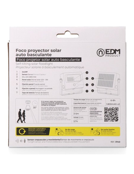 Foco proyector solar auto basculante, 10 w, 1800 lm, 6500 k, con sensor movimiento, negro