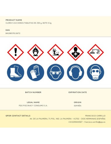 Cloro 5 acciones, tabletas de 250 g, bote 5 kg
