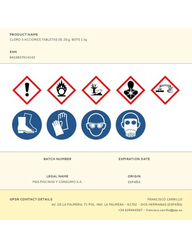 Cloro 5 acciones, tabletas de 20 g, bote 1 kg