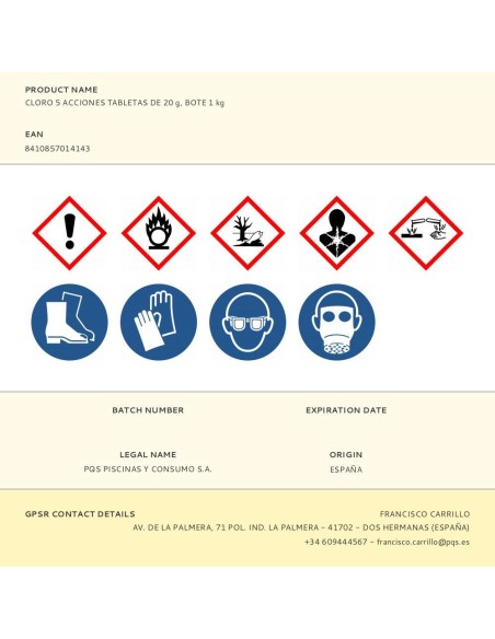 Cloro 5 acciones, tabletas de 20 g, bote 1 kg