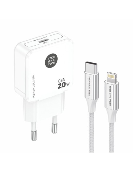 Cargador ultra rápido gan 20 w + cable usb-c a lightning blanco de 1 m