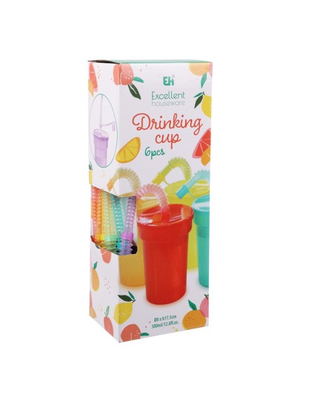 Vasos con tapa y pajita colores surtidos 6 uds