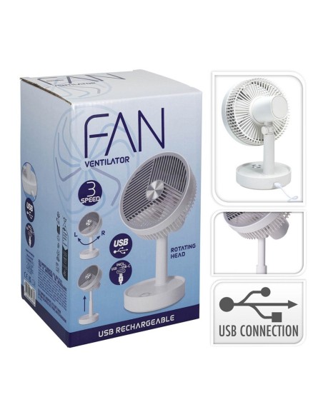 Ventilador de sobremesa recargable blanco y gris, 3 velocidades, ø135 x 270 mm