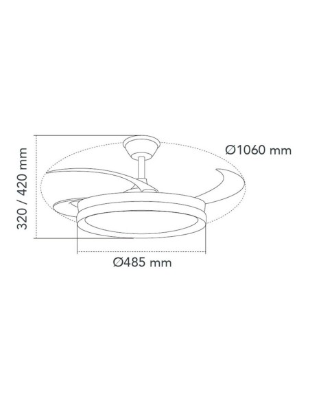 Ventilador techo, led 3cct, aspas retráctiles, milky m eco, 45 w, 4400 lm, blanco, ø106 cm, plafón ø48 cm, altura 32 - 42 cm