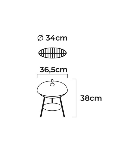 Barbacoa de carbón 3 patas, negra, ø36 x 38 cm