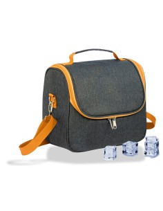 Nevera tipo bolsa 9 l diseño tejana gris con ribete y correa naranja, 26 x 15 x 25 cm