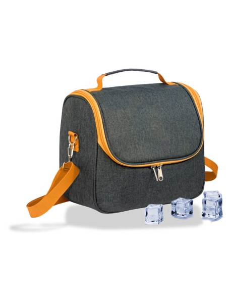 Nevera tipo bolsa 9 l diseño tejana gris con ribete y correa naranja, 26 x 15 x 25 cm