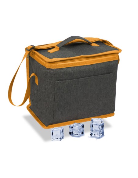 Nevera tipo bolsa 10 l diseño tejana gris con ribete y correa naranja, 28 x 16 x 22 cm