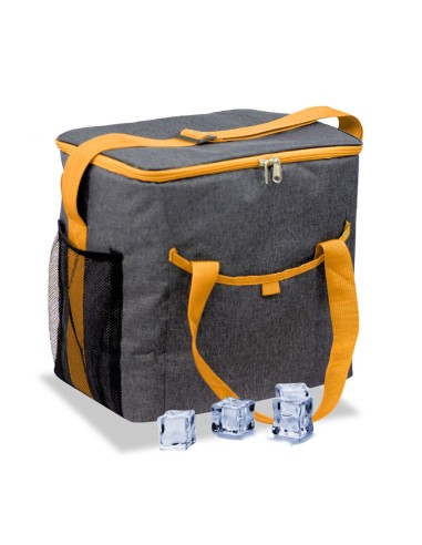 Nevera tipo bolsa 21 l diseño tejana gris con ribete, asas y correa naranja, 31,7 x 20 x 33 cm