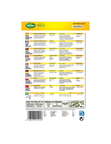 Sobre con semillas de perejil rizado verde oscuro