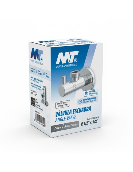 Válvula escuadra modelo deco con mando redondo, silver, ½ x ½ pulg