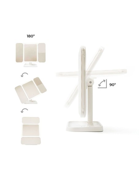 Espejo tríptico plegable de sobremesa con aumento y luz led recargable
