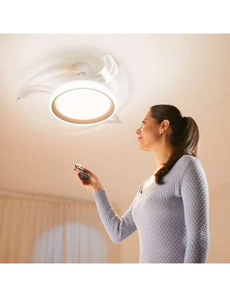 Ventilador de techo con aspas retráctiles, led 3 cct, motor dc 28 w + led 35 w, modelo bliss, blanco / estrellado, ø106 cm