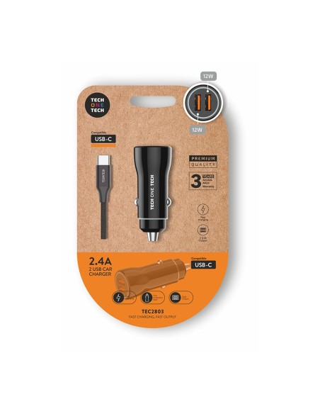 Cargador mechero coche 2 x usb-a, 12 w, negro + cable usb-c de 1 m