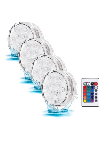 Luces led rgb sumergibles, a pilas con mando, ø7 x 3 cm, 4 uds