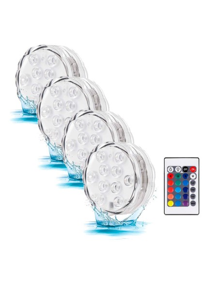 Luces led rgb sumergibles, a pilas con mando, ø7 x 3 cm, 4 uds