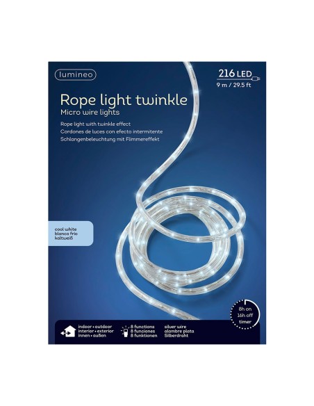 Cordón de luces led blanco frio, uso exterior, 216 leds, 8 funciones, alambre plateado, 9 m