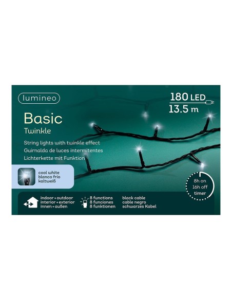 Guirnalda multifunción, uso exterior, basic, blanco frío, cable negro, 180 leds, 13,5 m