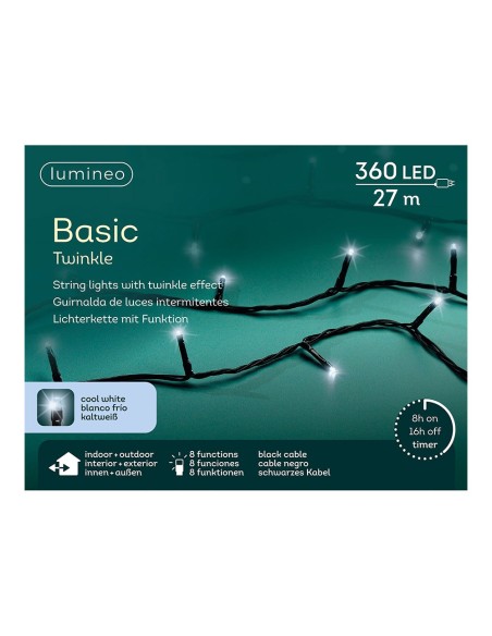 Guirnalda multifunción, uso exterior, basic, blanco frío, cable negro, 360 leds, 27 m
