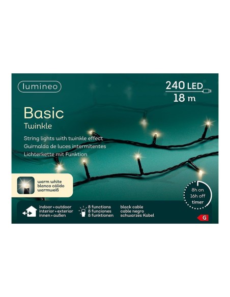 Guirnalda multifunción, uso exterior, basic, blanco cálido, cable negro, 240 leds, 18 m