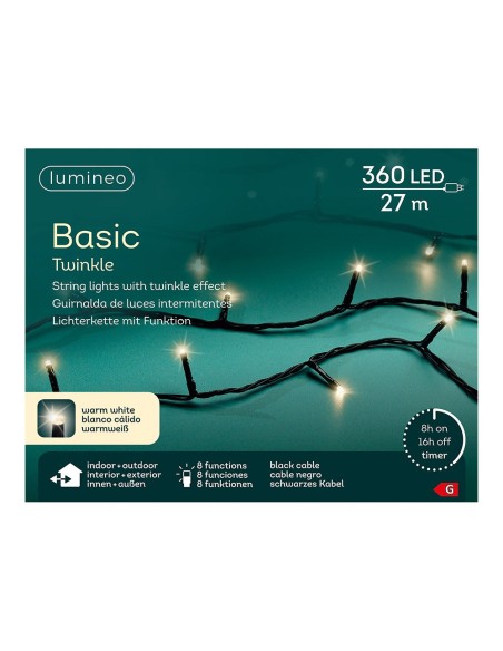 Guirnalda multifunción, uso exterior, basic, blanco cálido, cable negro, 360 leds, 27 m