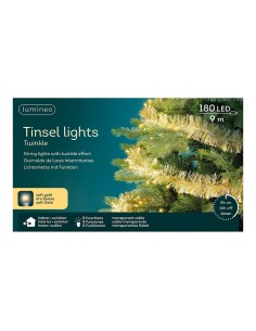 Espumillón dorado con guirnalda led intermitente, uso exterior, 8 funciones, oro suave, cable transparente, 180 leds, 9 m 2